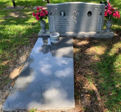 Georgia Gray Granite Ledger Memorial with Incense Bowl and Companion Granite Upright Headstone